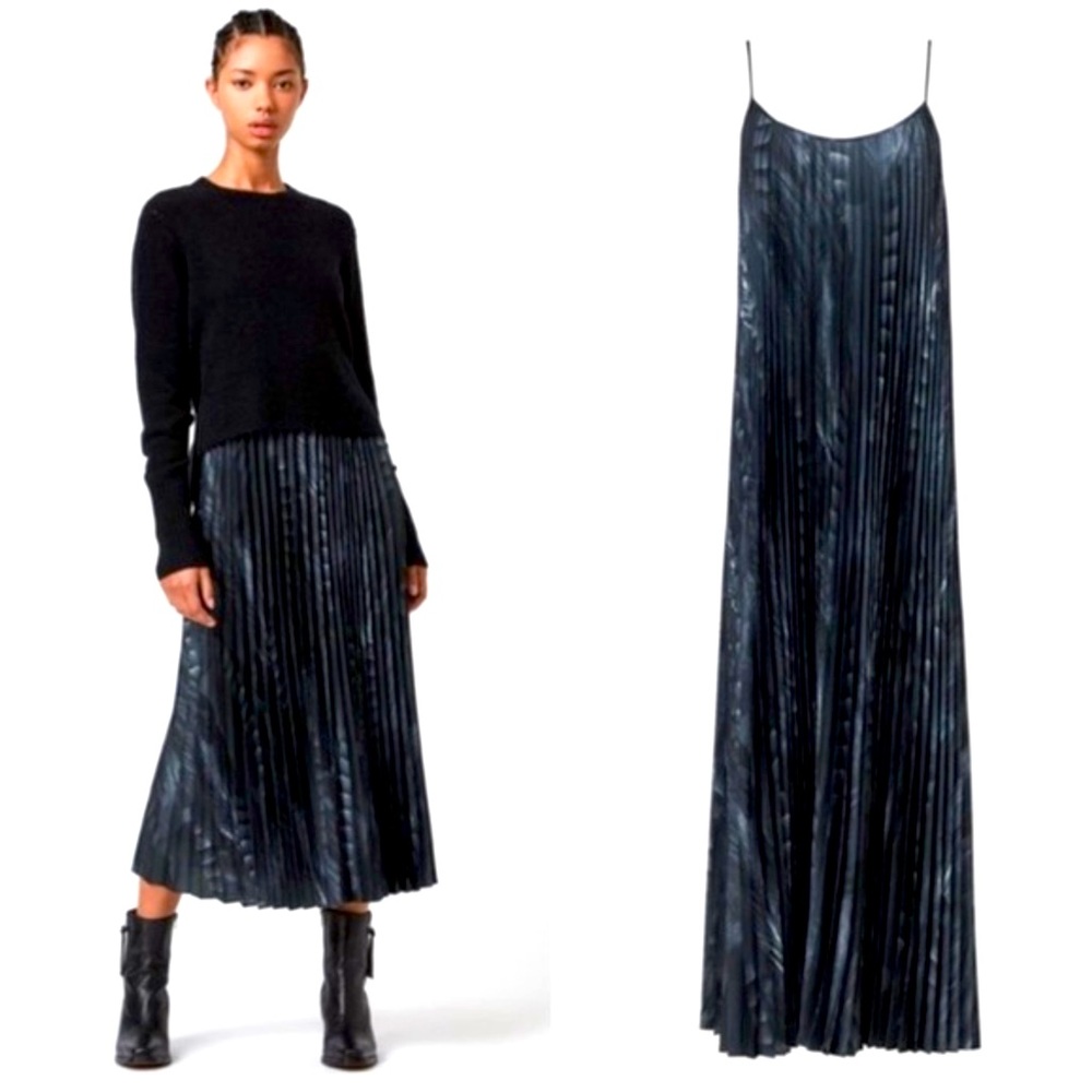 All Saints pleated slipdress slip dress. Gray black feather print, silky, medium